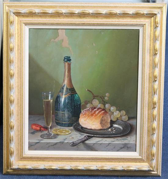 Raymond Campbell, oil,  Still life with Ruinart Champagne(-)